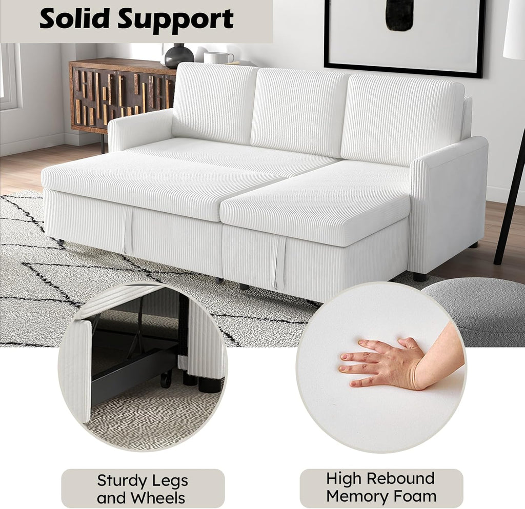 Convertible Sleeper Sofa Bed 3 in 1, Corduroy L-Shaped Sectional with Storage, Beige I696464