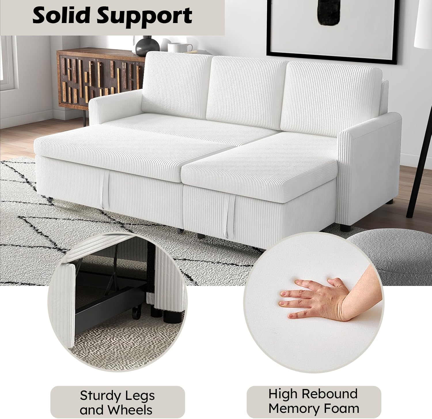 Convertible Sleeper Sofa Bed 3 in 1, Corduroy L-Shaped Sectional with Storage, Beige I696464