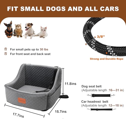 Dog Car Seat for Small Medium Dogs, Detachable Washable Booster Seat with Storage Pockets, Grey D573374