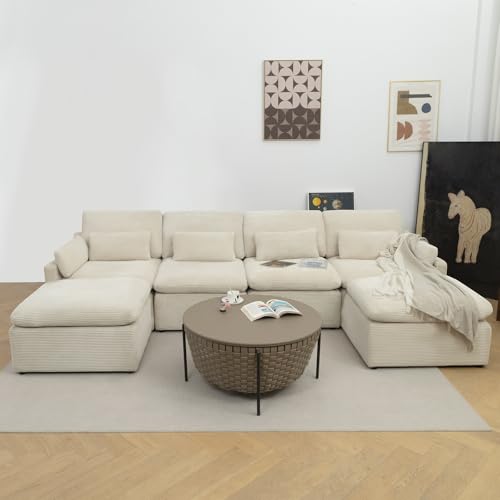 Modular Sectional Sofa with Fluffy Corduroy, U Shaped Couch with Ottomans J7693