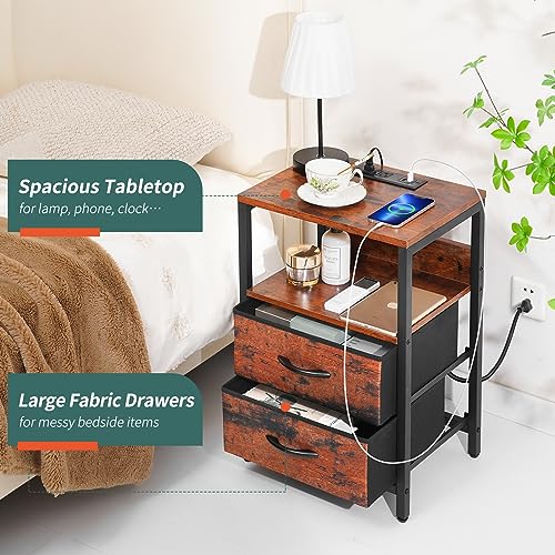 Yoobure Nightstand with Charging Station, LED Light, Fabric Drawers U936
