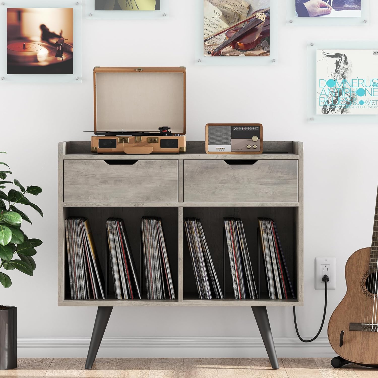 Record Player Stand with Storage, Farmhouse Turntable Cabinet, Gray S683