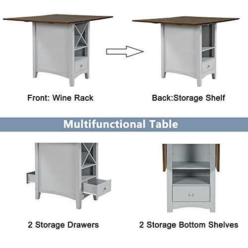 5-Piece Counter Height Wood Dining Table Set with Drop Leaf and Wine Rack J4100