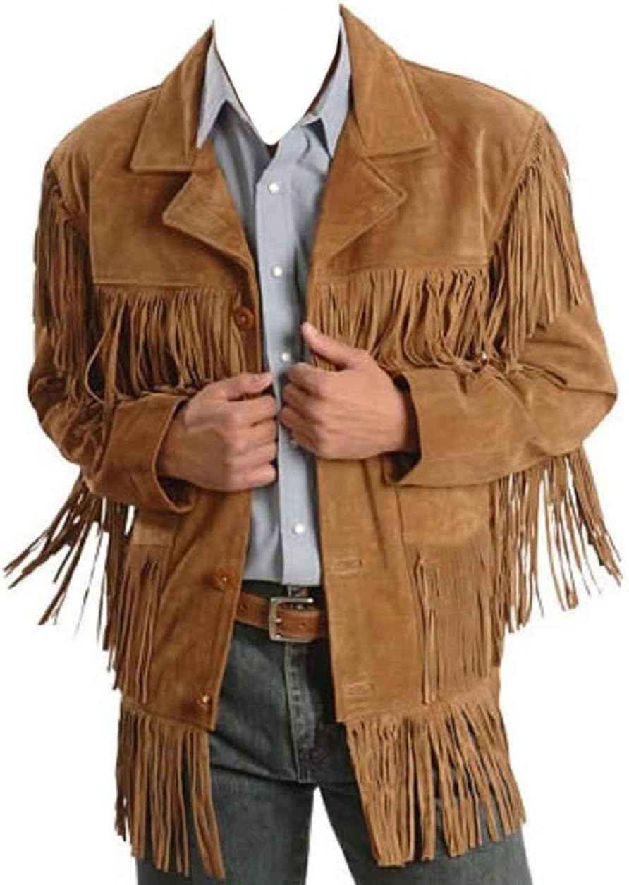 Men's Traditional Cowboy Western Leather Jacket Brown with Fringe T98873