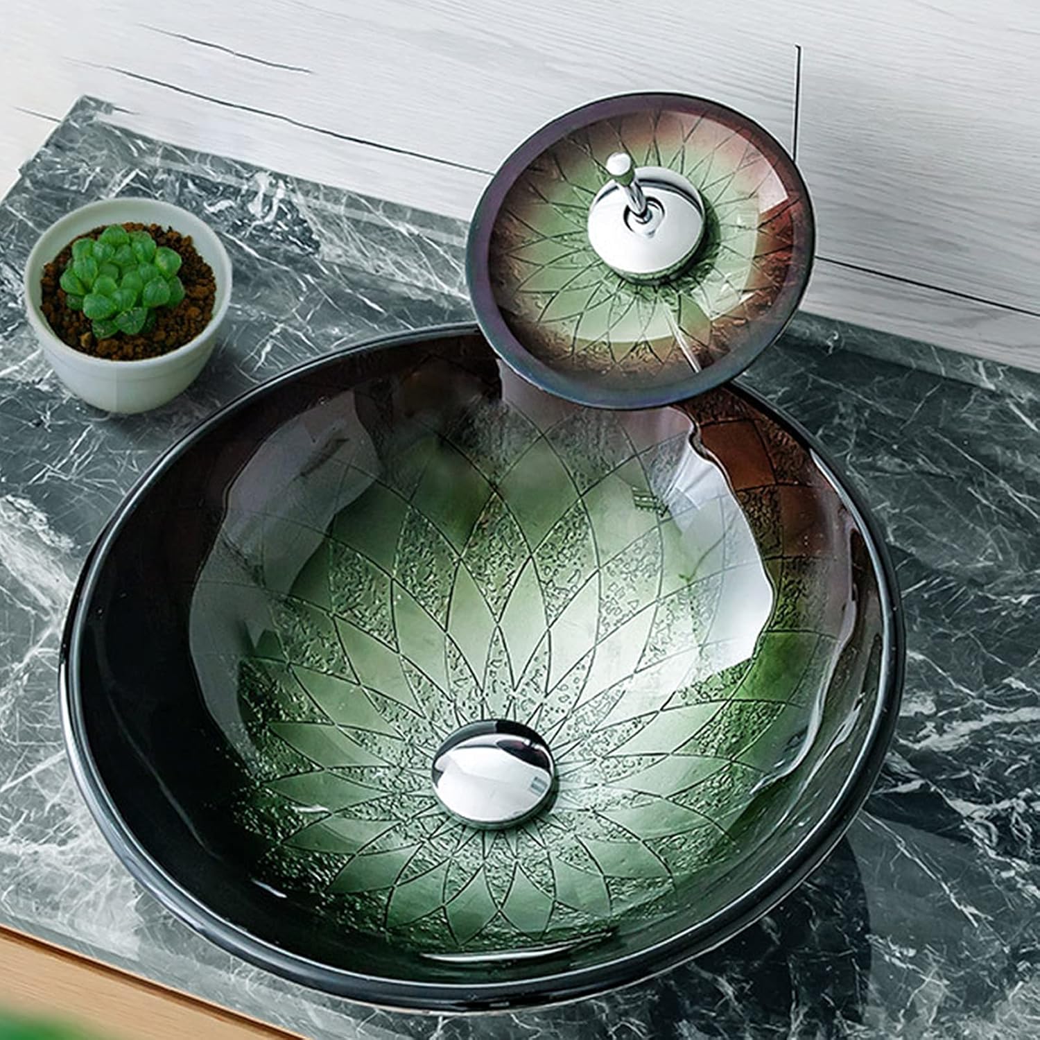 Tempered Glass Round Vessel Sink with Waterfall Faucet F150420