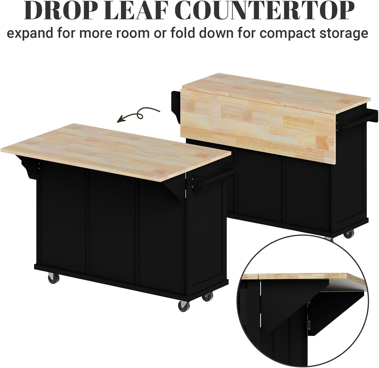 Rolling Kitchen Island with Drop Leaf, Storage, Drawer and Cabinet, 53in, Black C32769