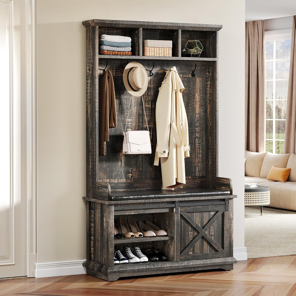 YITAHOME Hall Tree with Shoe Bench and Coat Rack, Dark Rustic Oak S657