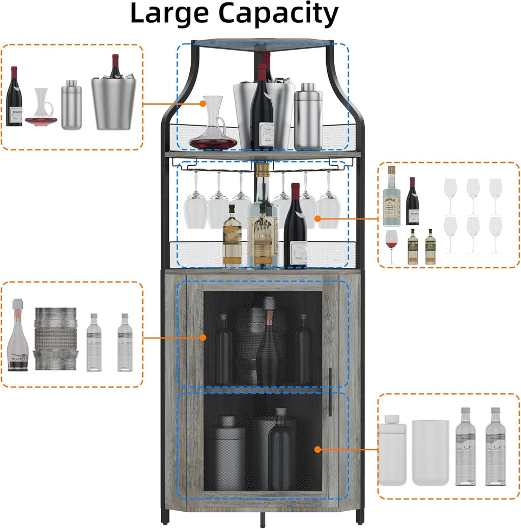 Corner Wine Cabinet with Detachable Rack and Glass Holder, Grey E9167