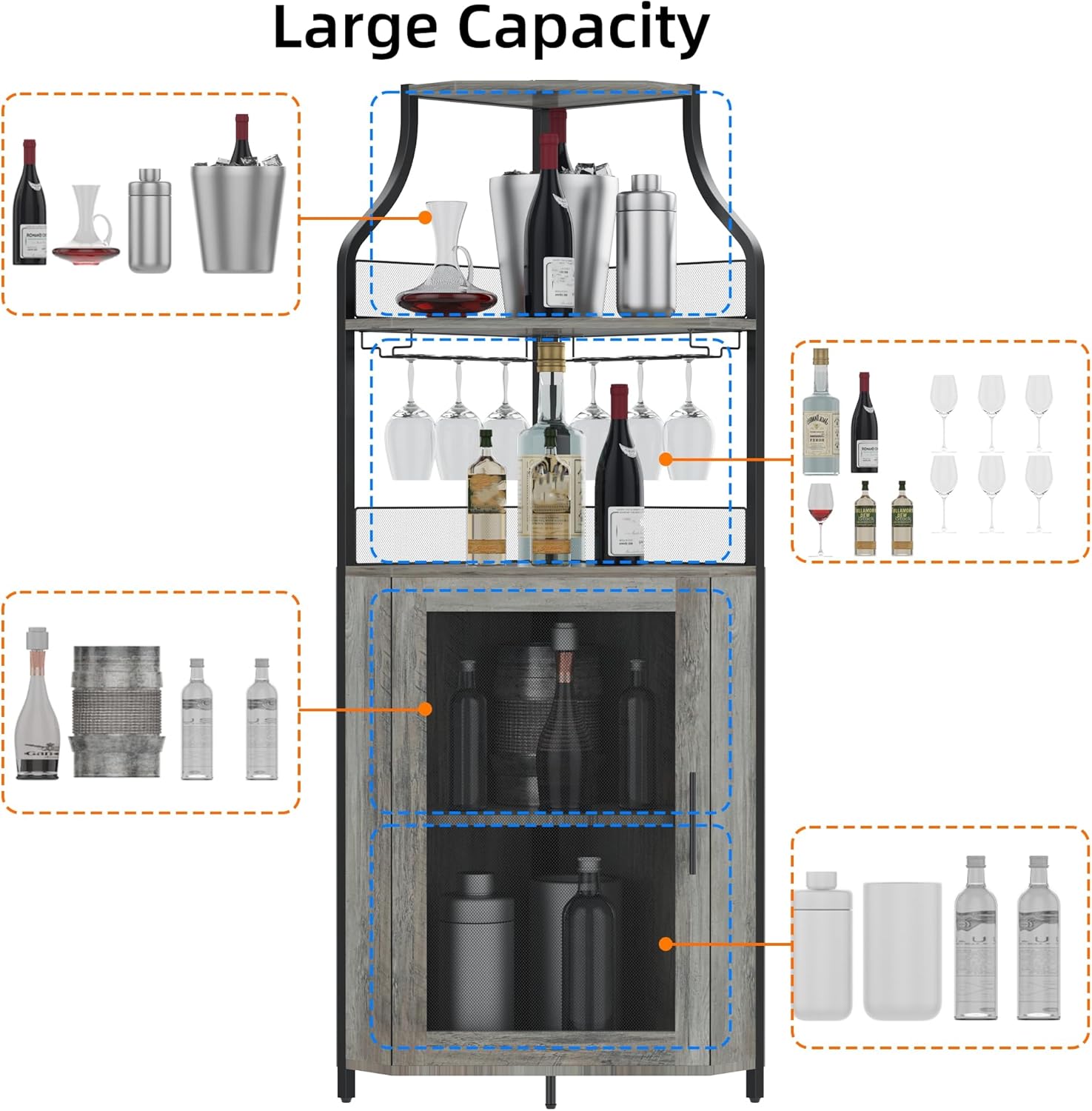 Corner Wine Cabinet with Detachable Rack and Glass Holder, Grey E9167