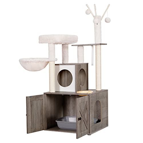 Heybly Cat Tree with Litter Box Enclosure and Food Station, Rustic Brown G73707
