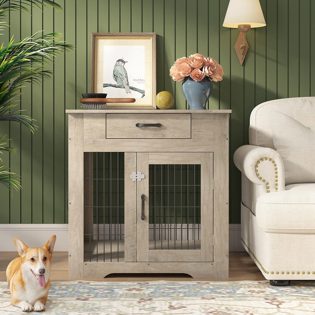 Furniture Style Dog Crate End Table with Drawer, Double Doors, Gray A21004
