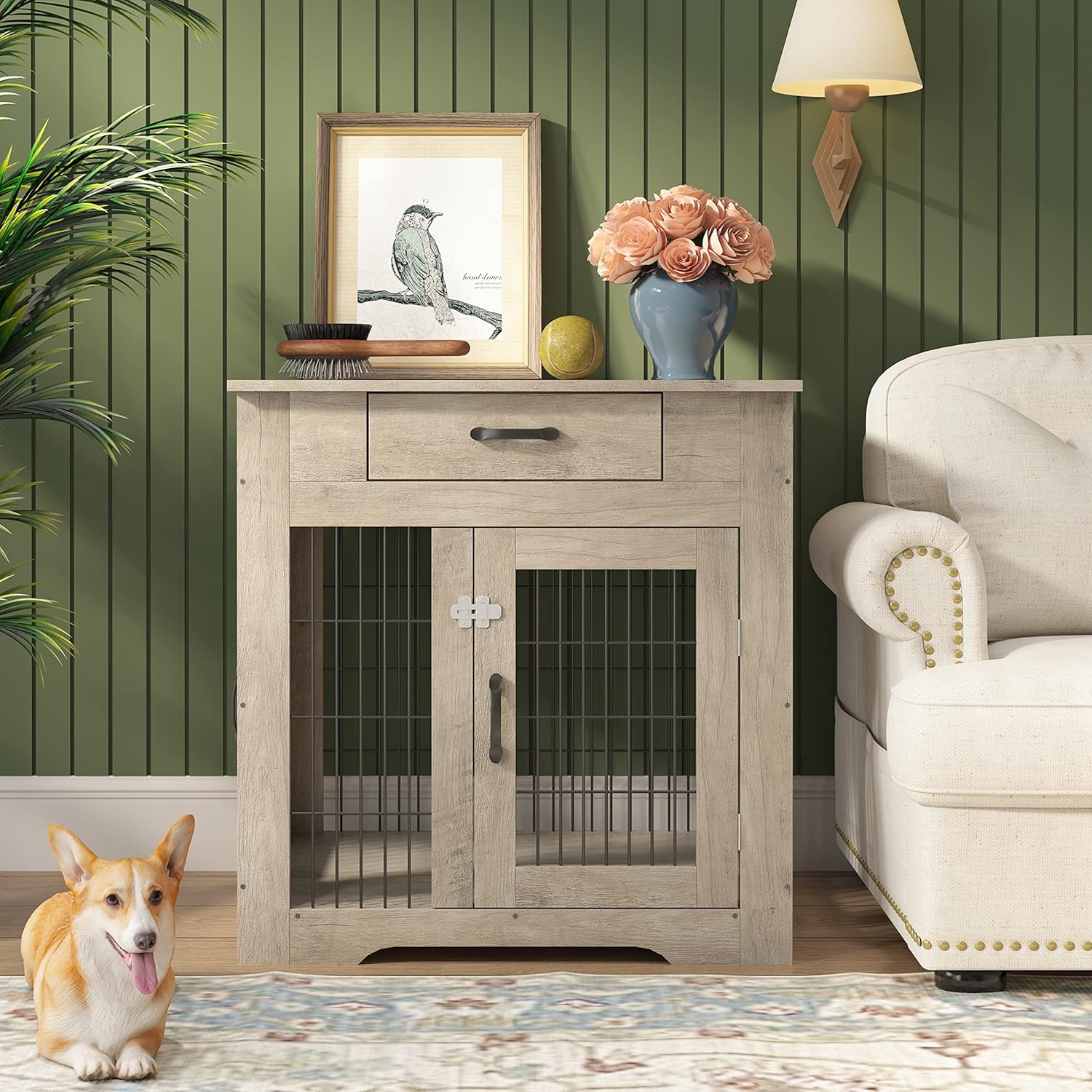 Furniture Style Dog Crate End Table with Drawer, Double Doors, Gray A21004