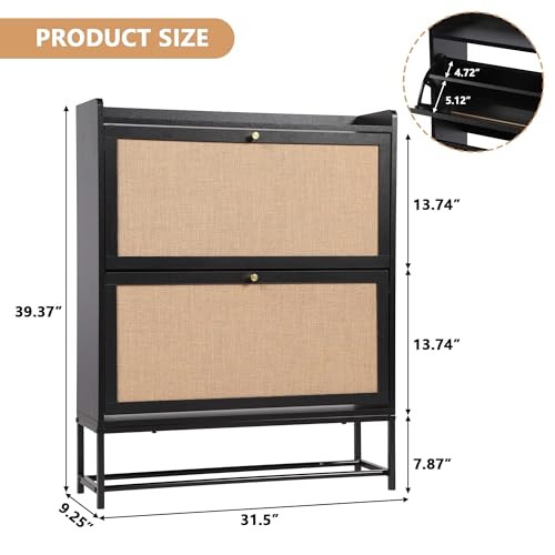 LEVNARY Shoe Cabinet Set of 2, Wooden Narrow Shoe Racks with 2 Flip Drawers, Walnut U726126