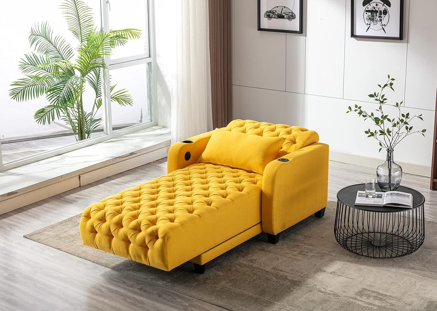 Button Tufted Chaise Lounge Sofa Bed with Pillow, Yellow P345