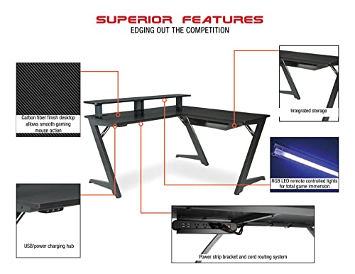 OSP Home Furnishings Avatar Battlestation L-Shape Gaming Desk with Bluetooth RGB LED Lights, Red D28902