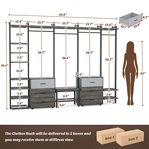 Aheaplus Wall Mounted Garment Rack with 6-Drawers, Grey Oak+Black H594