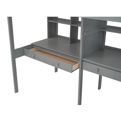Full Size Loft Bed with Desk, Wardrobe and Storage Drawers, Gray N7914