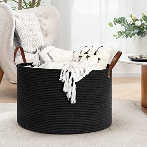 CHICVITA Woven Laundry Basket with Leather Handles, Large Storage Hamper, Dark Gray M130