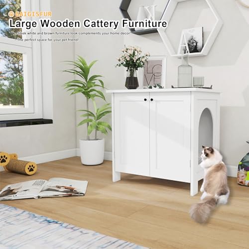 Cat Litter Box Furniture with Removable Divider, Wooden Cat House (White) D8688