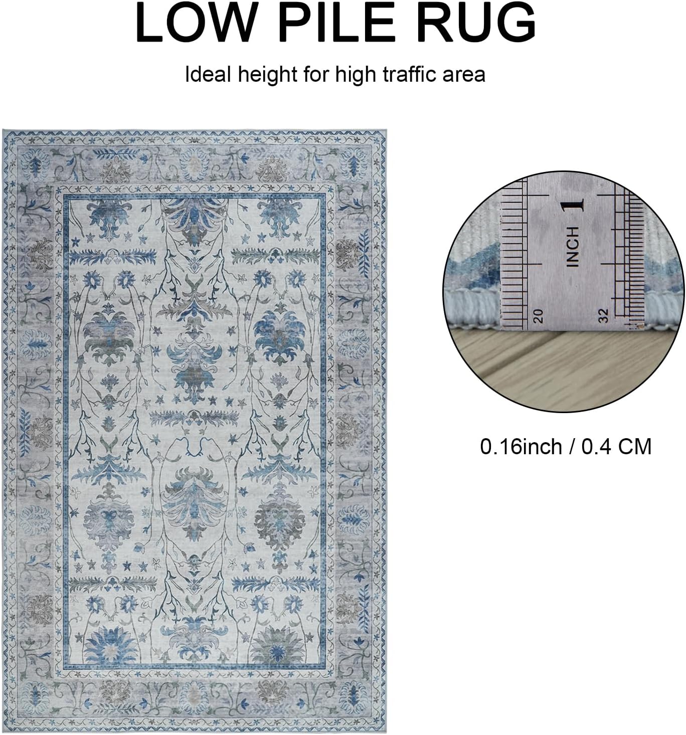 Boho Grey Flower Printed Washable Area Rug 8x10 E2615