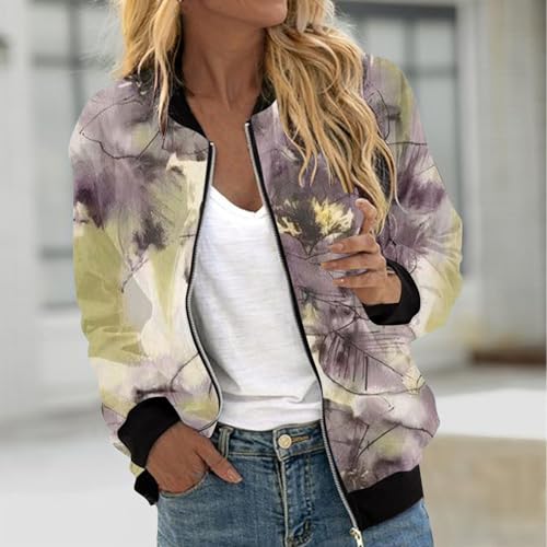 Women Floral Print Bomber Jacket Lightweight Zip Up K48306