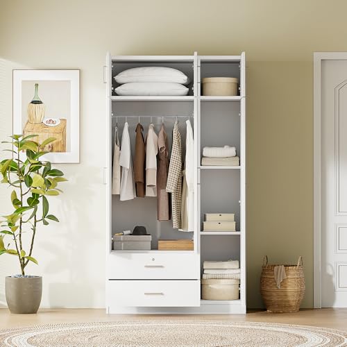 White 3-Door Wardrobe Closet with Drawer and Top Cabinet J149796