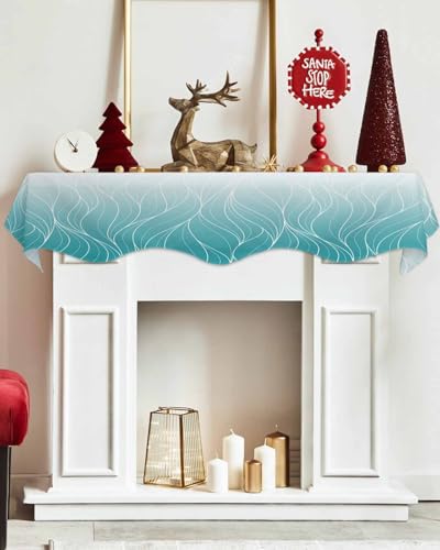 Fireplace Mantel Runner Ombre Teal Blue Geometric White Striped Design 60 x 17 Inches R6859