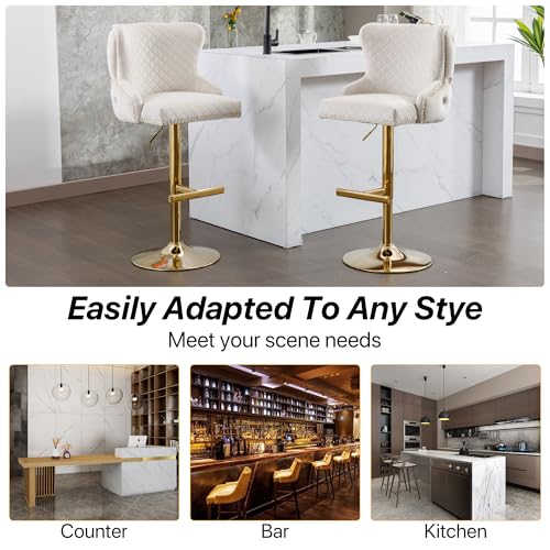 Velvet Barstools Set of 2, Counter Height Adjustable Swivel with Golden Lion Head Ring, Beige C6486