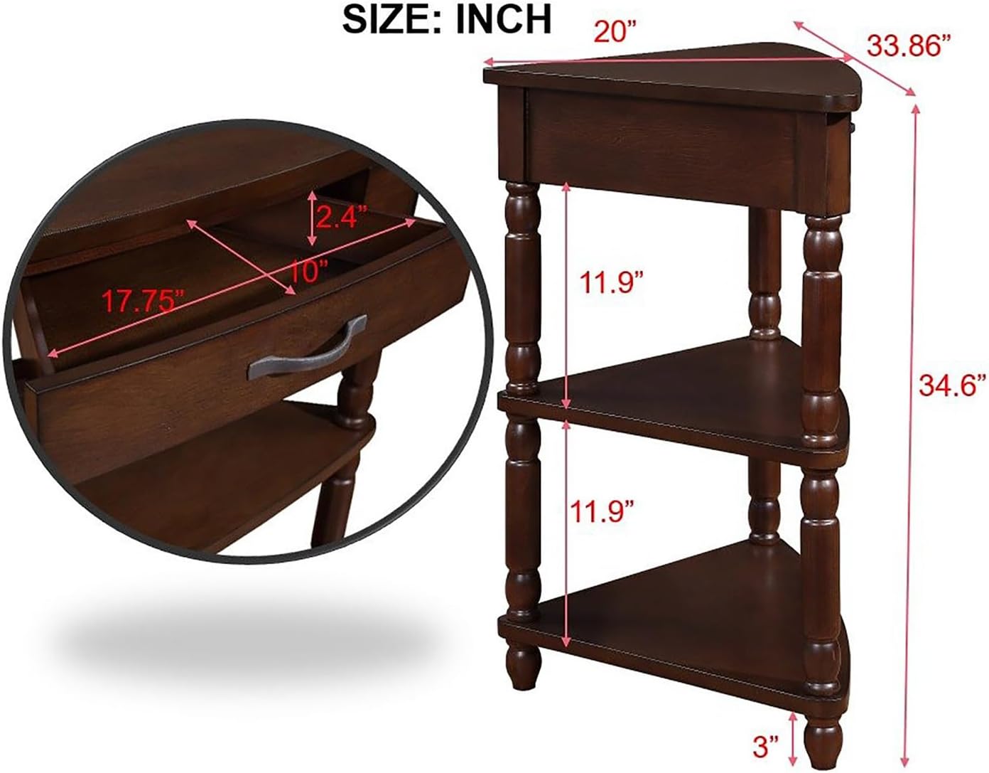 Classical Triangle Corner Table with Storage Drawer, Solid Wood Legs U847779