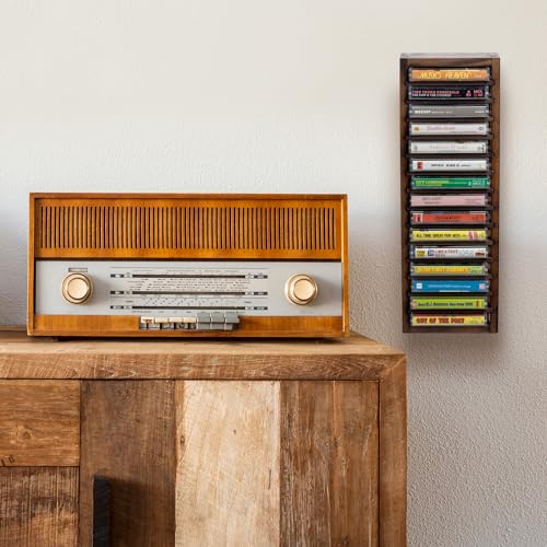 Cassette Tape Storage Rack Tower, 16-Slot Rustic Burnt Wood Q5509