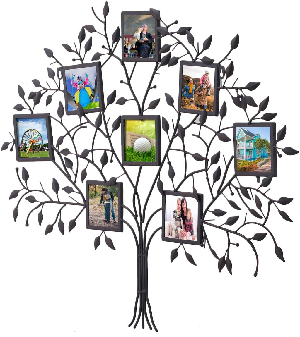 Adeco PF0566 Family Tree Metal Wall Hanging Picture Photo Frame, 8 Openings, Black W16719