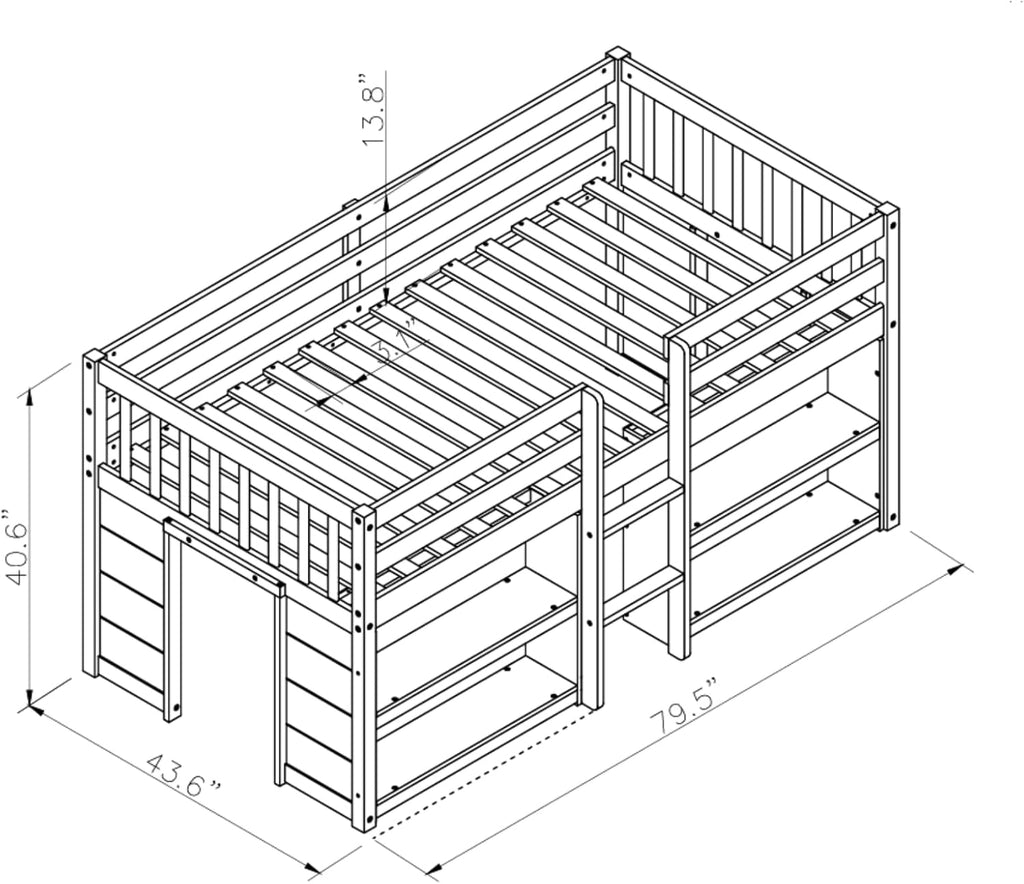Grey LED Twin Size Low Loft Bed for Kids with Storage Shelves H3282
