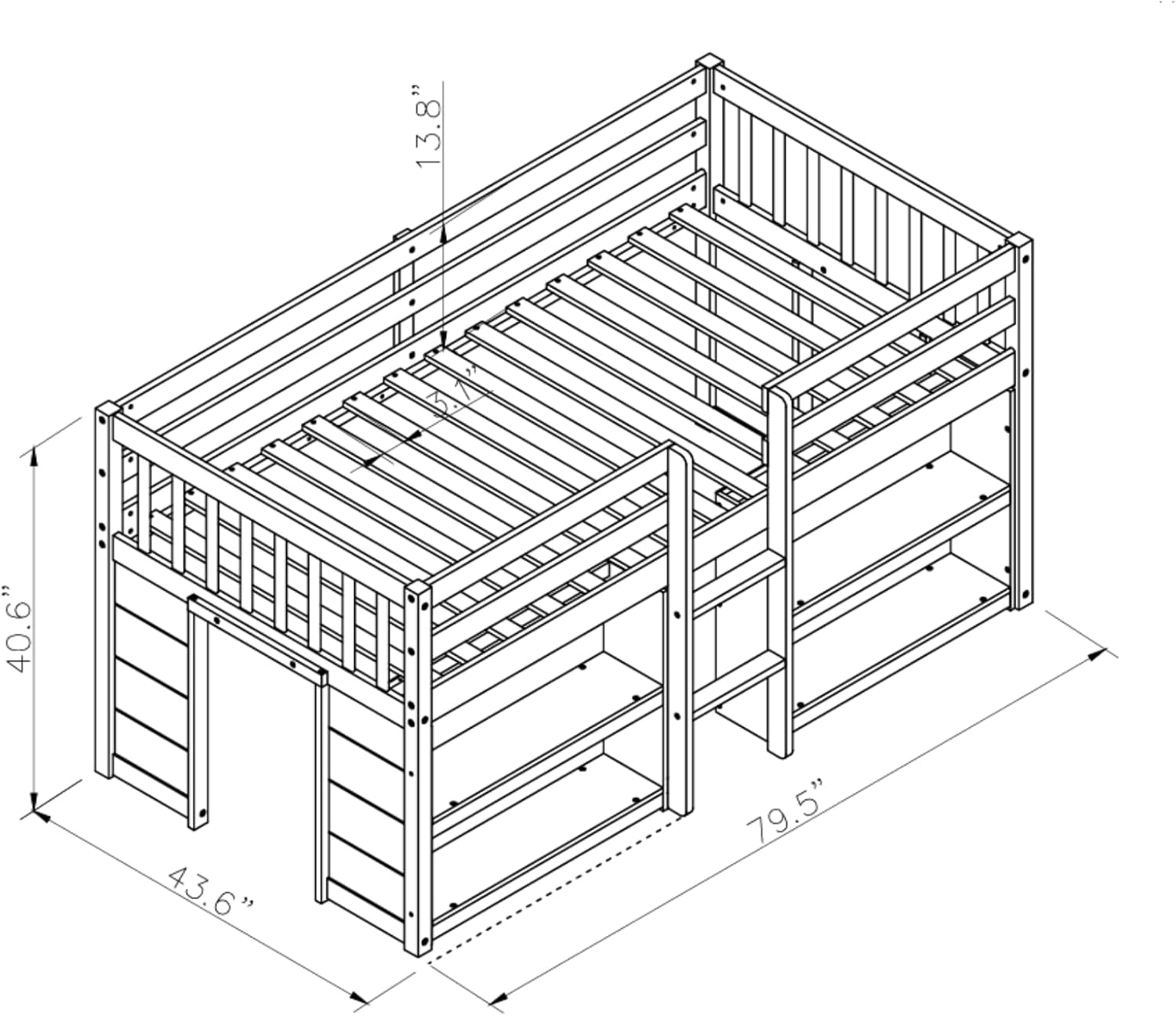 Grey LED Twin Size Low Loft Bed for Kids with Storage Shelves H3282