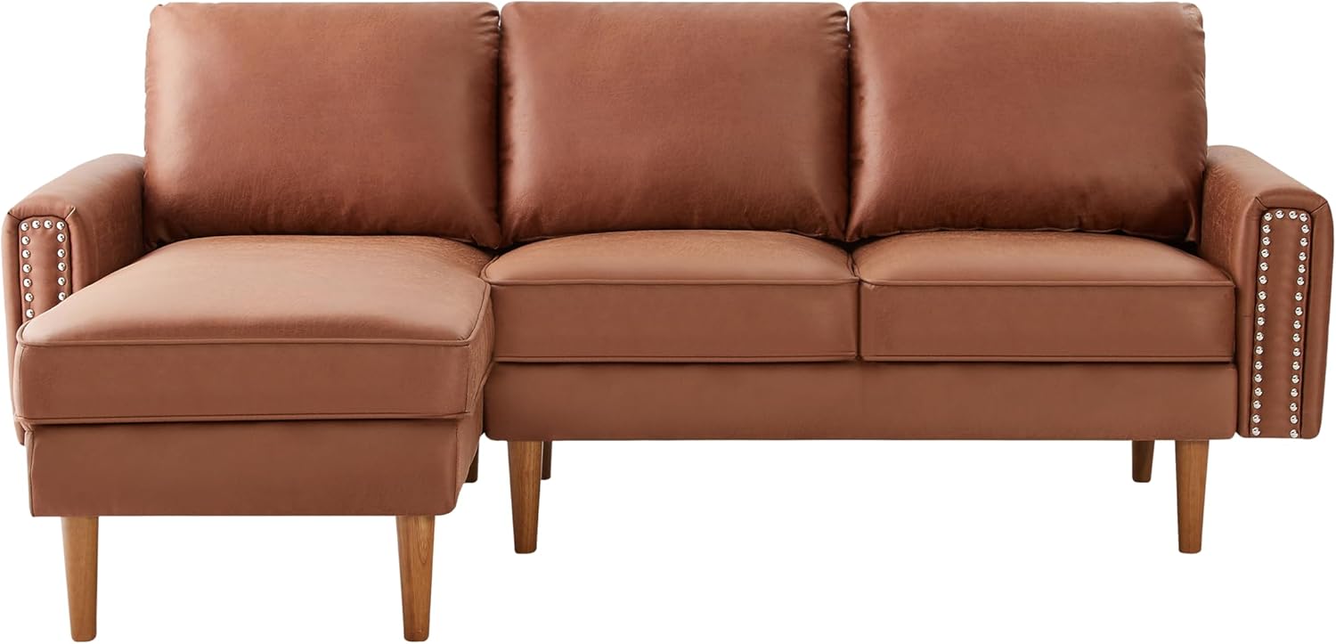 Lifeand 82.2" L-Shape Sofa Couch with Chaise, Mid-Century Copper Nail on Arms, Brown Q393