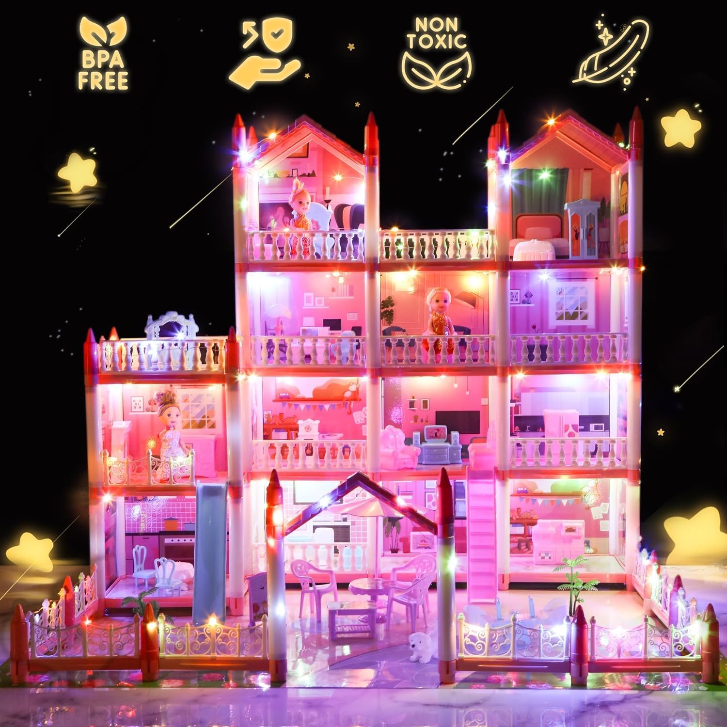 Doll House 4-Story 15 Rooms Playhouse with 3 Dolls, Lights, Furniture and Accessories R44733