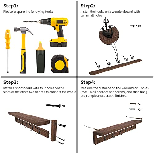 2 Pack Wall Mount Coat Rack with Shelf, Wood Hooks, Rustic Brown M99221