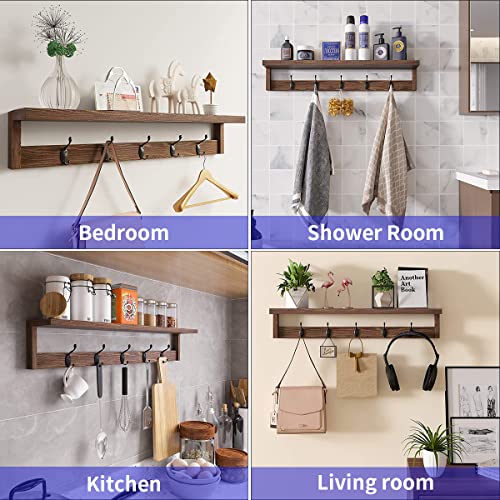 2 Pack Wall Mount Coat Rack with Shelf, Wood Hooks, Rustic Brown M99221