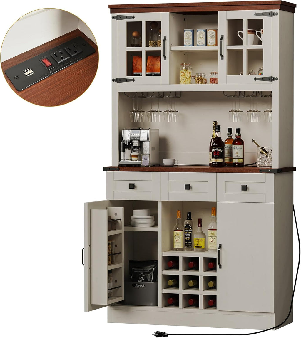 DWVO Farmhouse Kitchen Pantry Cabinet with Power Outlet, 72 Inch, Antique White I299