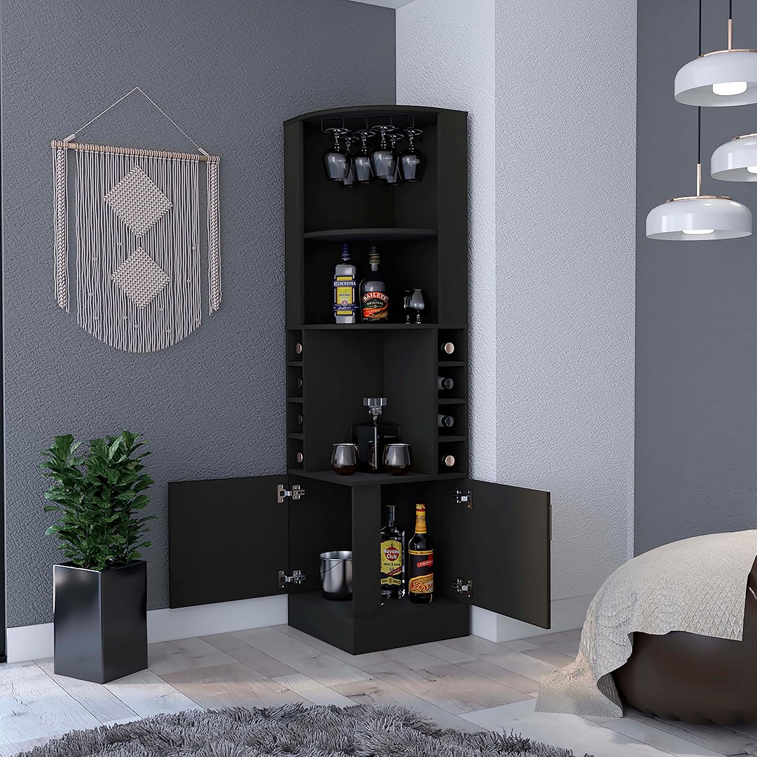 71 Inch Tall Corner Bar Wine Cabinet with Storage, Black Wengue Finish P837720