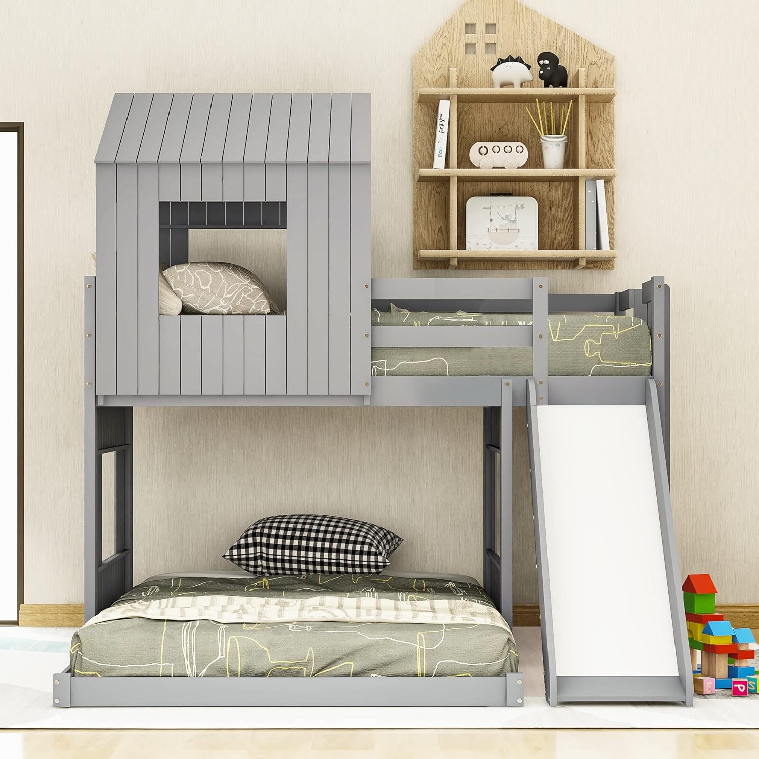 Twin Over Full Wood Bunk Bed with Ladder, Slide and Guardrails, Gray D3749