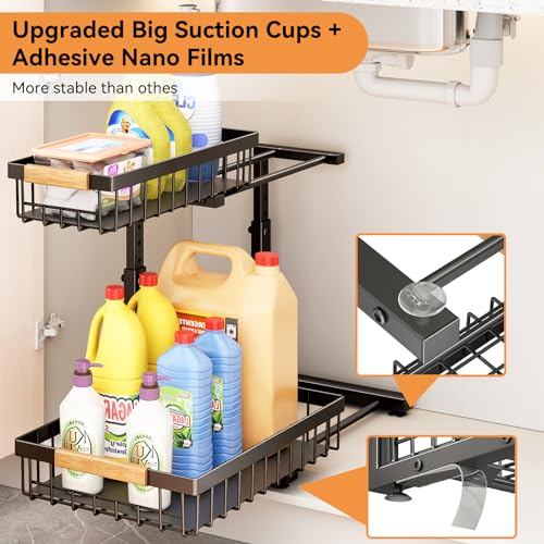 Pull Out Cabinet Organizer, 2 Tier Slide Out Metal Shelf for Kitchen M3554