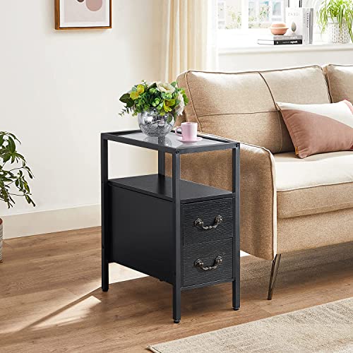 VECELO End Tables, 24" Height Narrow Nightstands Modern Tall Night Stand with Drawers and Shelf for Living Room, Bedroom,Tempered Glass, Set of 2, Brown/2pcs
