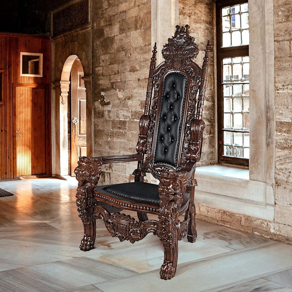 Design Toscano Lord Raffles Leather Lion Throne Chair, walnut W747