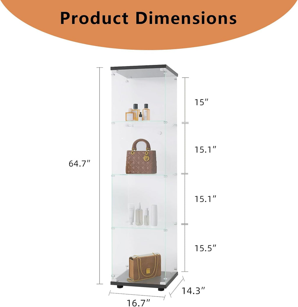 Glass Display Cabinet 4 Shelves with Door, Tempered Glass Curio Cabinet K215