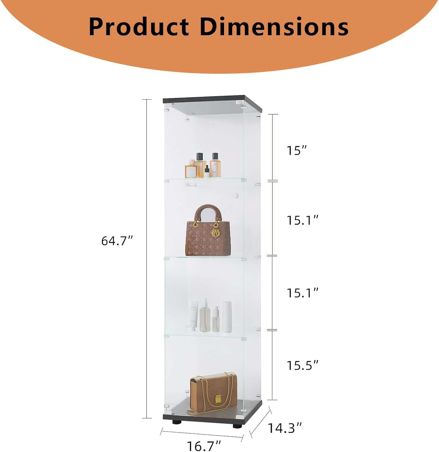 Glass Display Cabinet 4 Shelves with Door, Tempered Glass Curio Cabinet K215