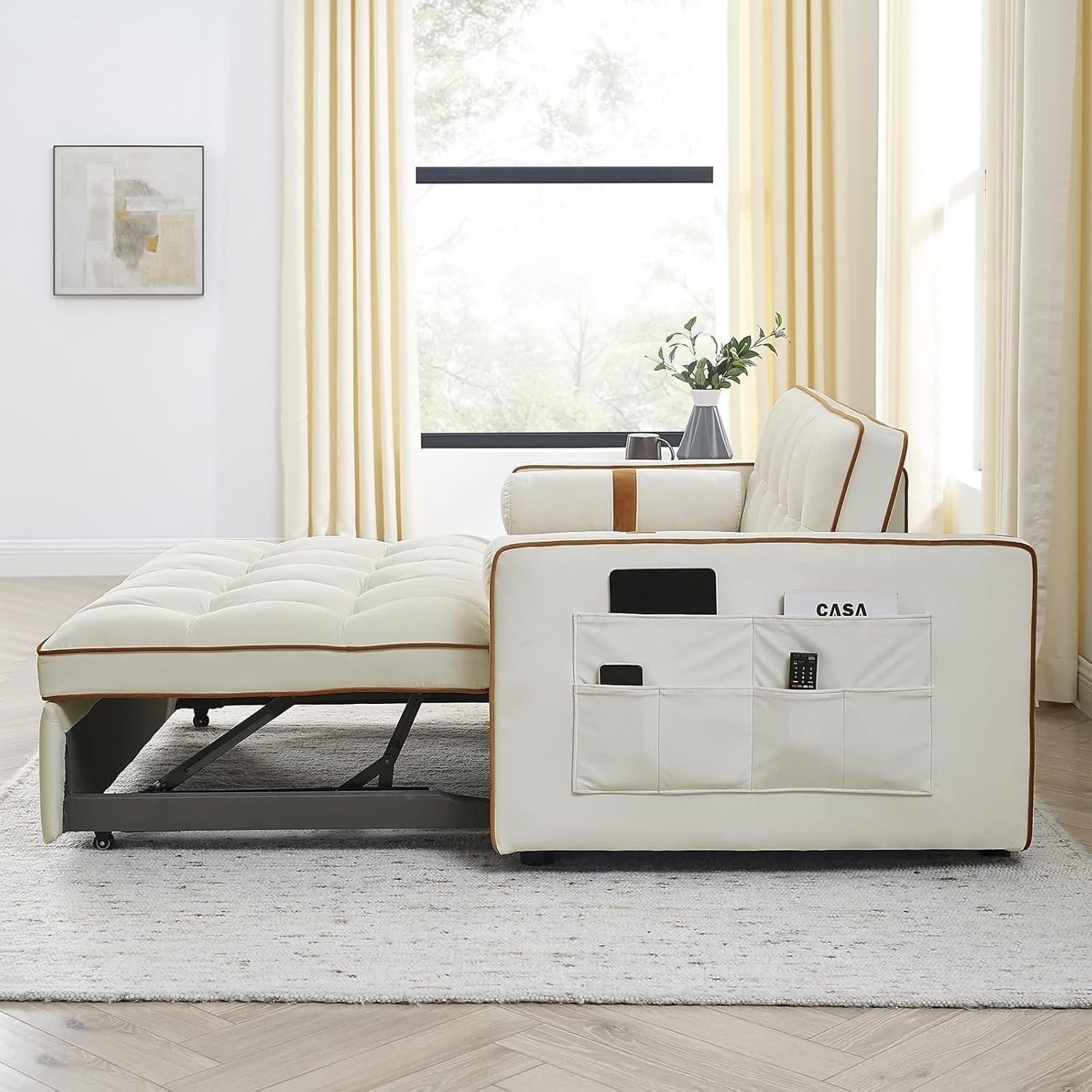 Modern 55.5" Pull Out Sleep Sofa Bed with Side Pockets, Beige K31338