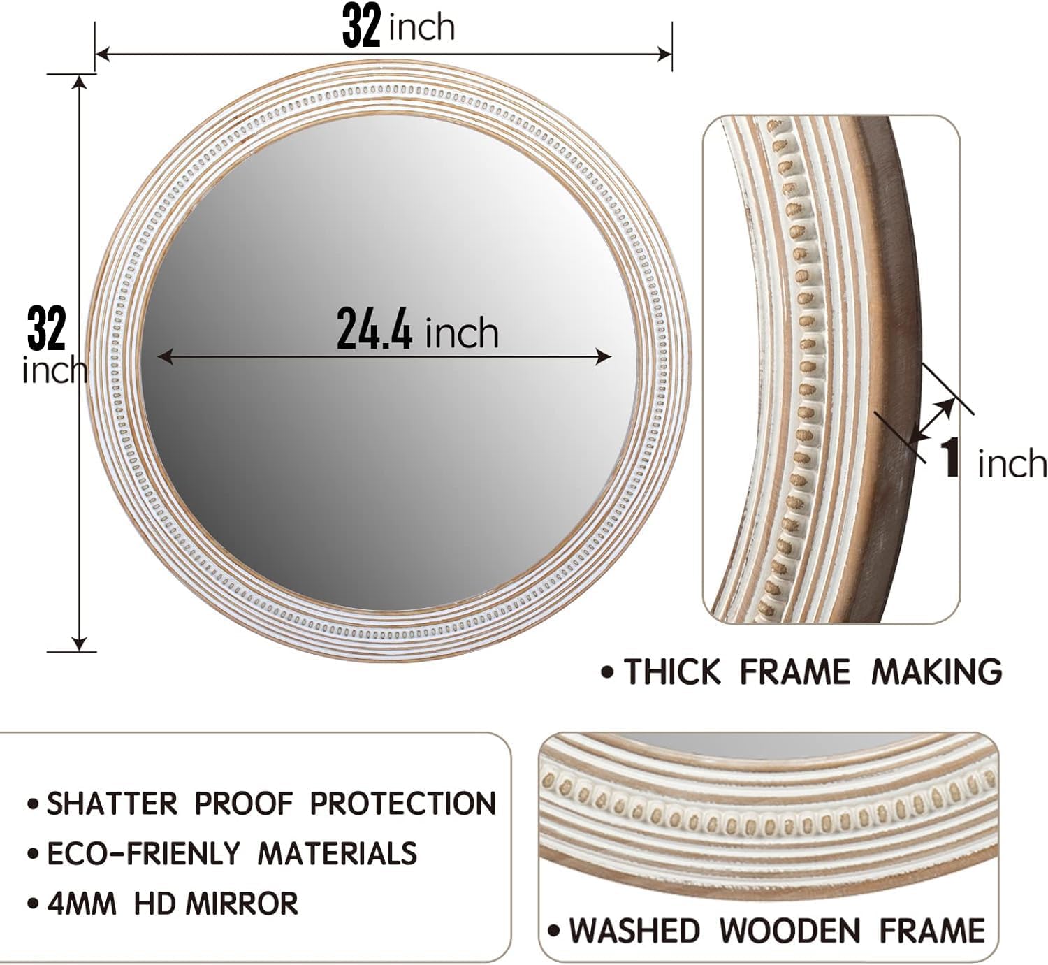 32" Round Wooden Wall Mirror for Bathroom Farmhouse Decor N99286