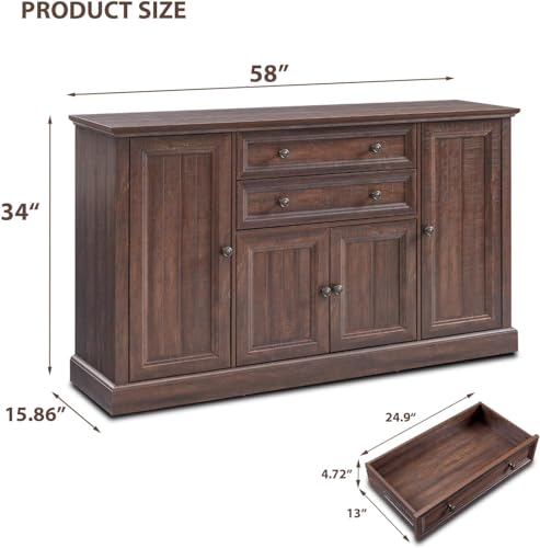 Farmhouse 58" Buffet Cabinet with Storage, 34" Tall Coffee Bar Cabinet, Brown V8629