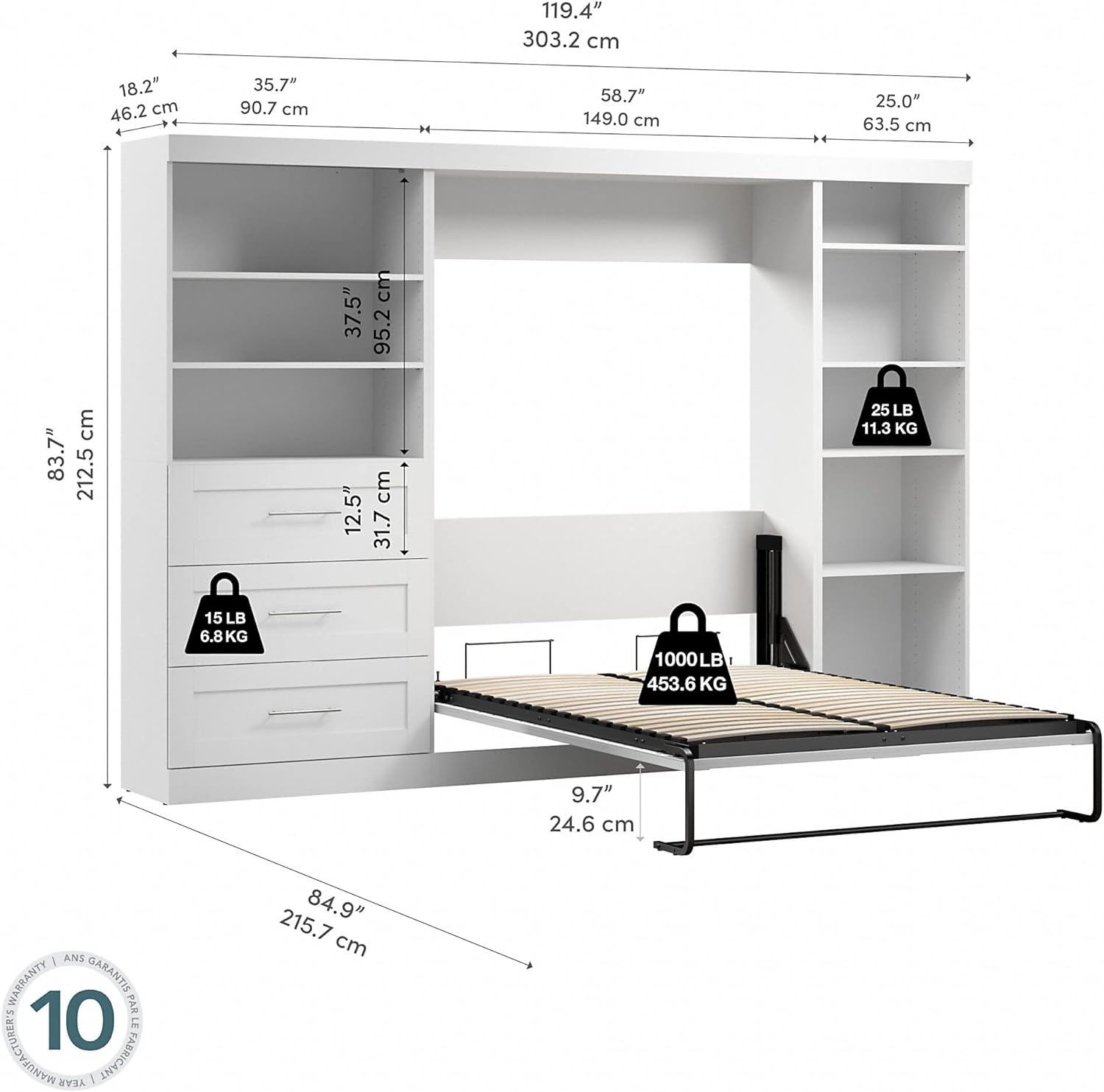 BESTAR Pur Murphy Wall Bed, Full, White B2363