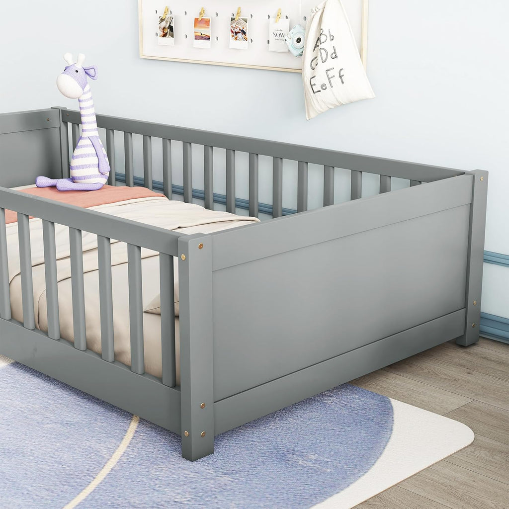 Montessori Floor Bed with Safety Guardrails, Twin Size Solid Pine Wood, Grey P6015
